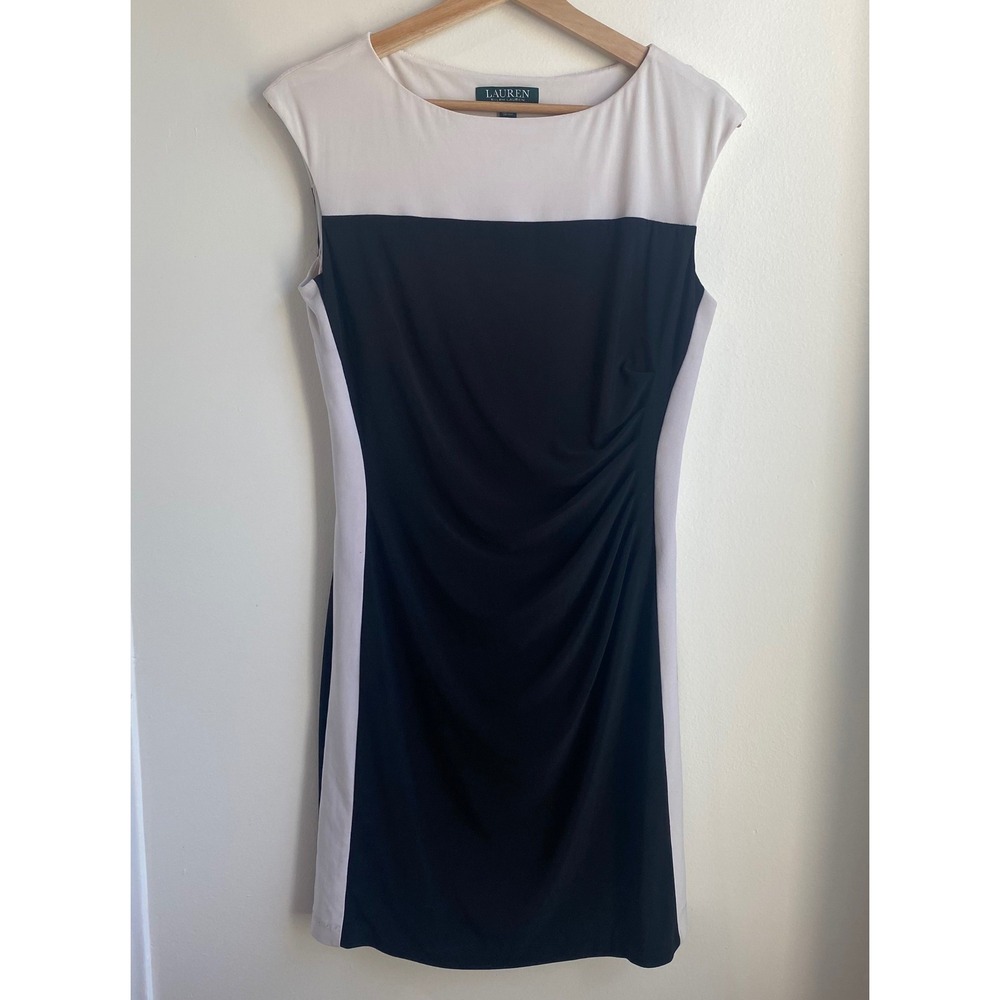 Lauren Ralph Lauren Sheath Dress Womens 10 Black White Colorblock Ruched Mod